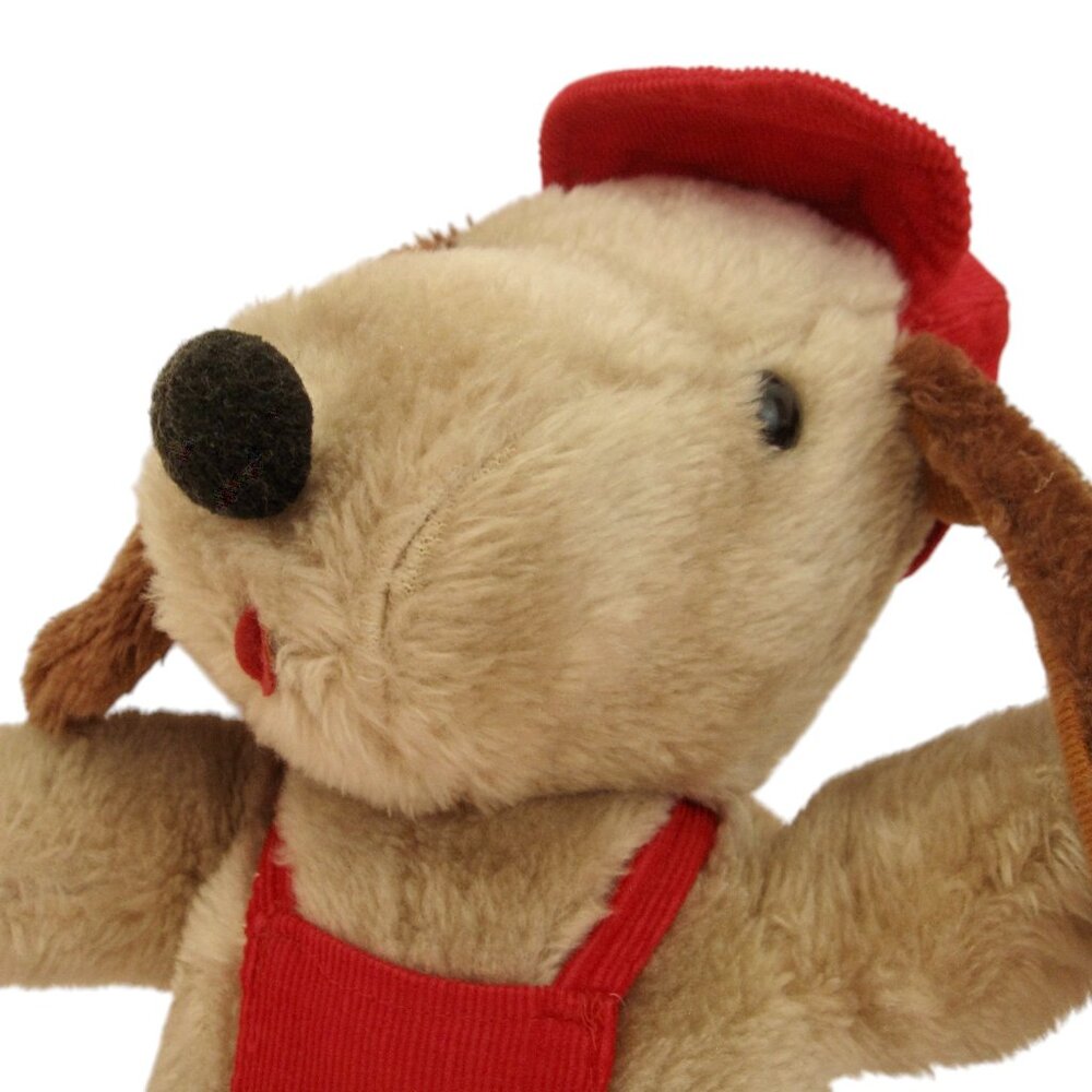 Vintage 80s Interpur Plush Dog Red Corduroy Overalls & Cap Stuffed Toy Pup KOREA